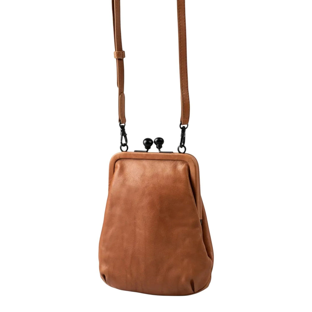 Lieblingstasche aunts & uncles Mrs. Sugar Pop vintage brown leather handbag with a black kiss-lock clasp