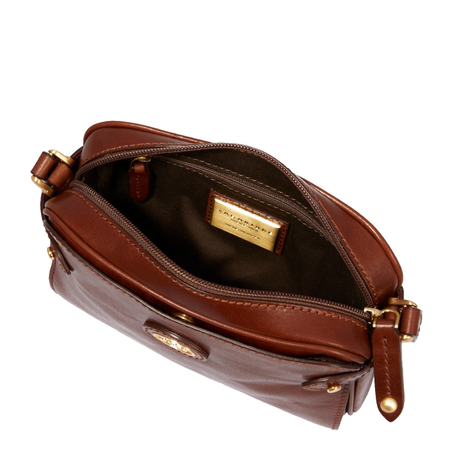Lieblingstasche brown leather crossbody bag with gold hardware and zip closure.