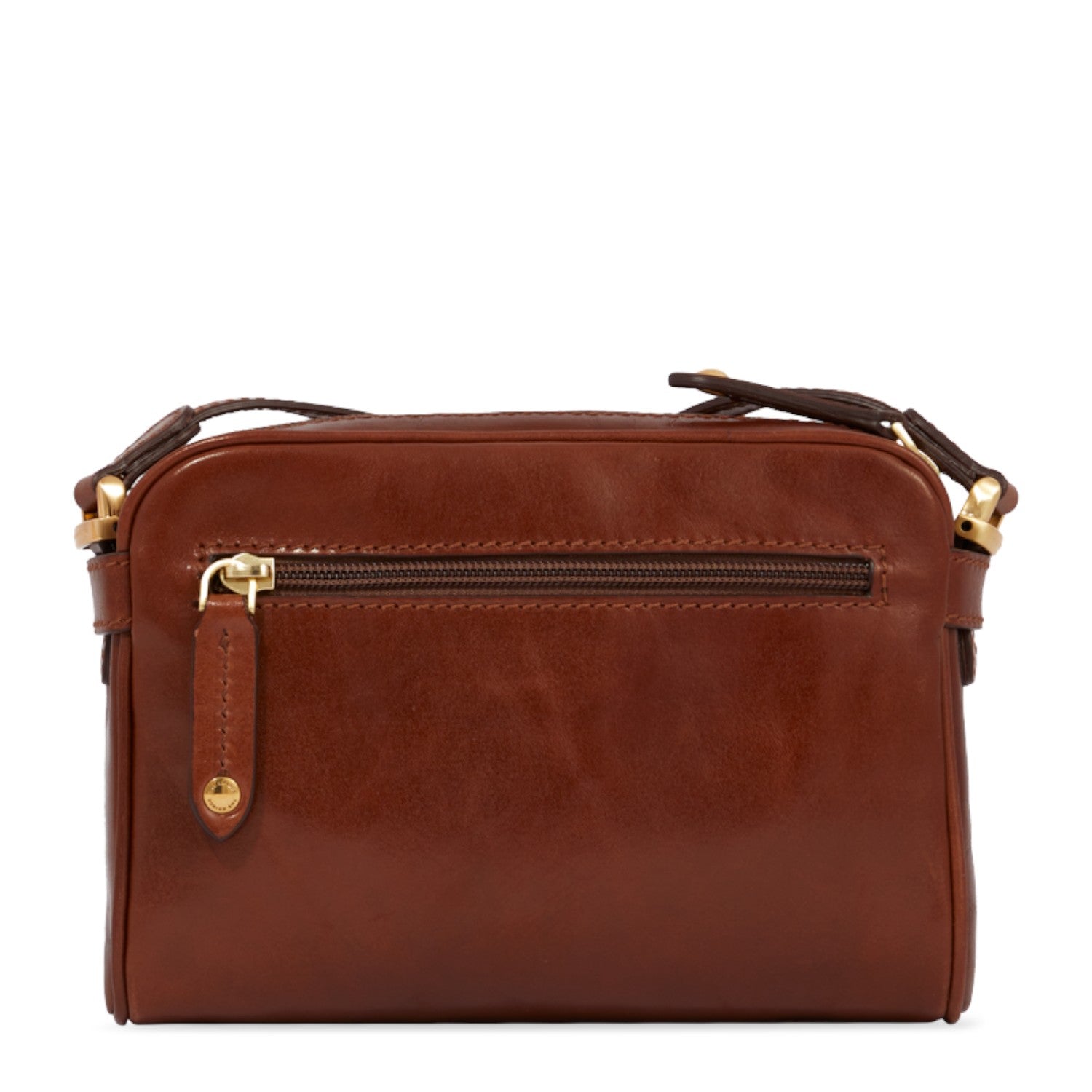 Lieblingstasche brown leather crossbody bag with gold zipper detail and adjustable strap.