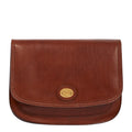 Lieblingstasche brown leather crossbody bag with multiple compartments and gold logo detail.
