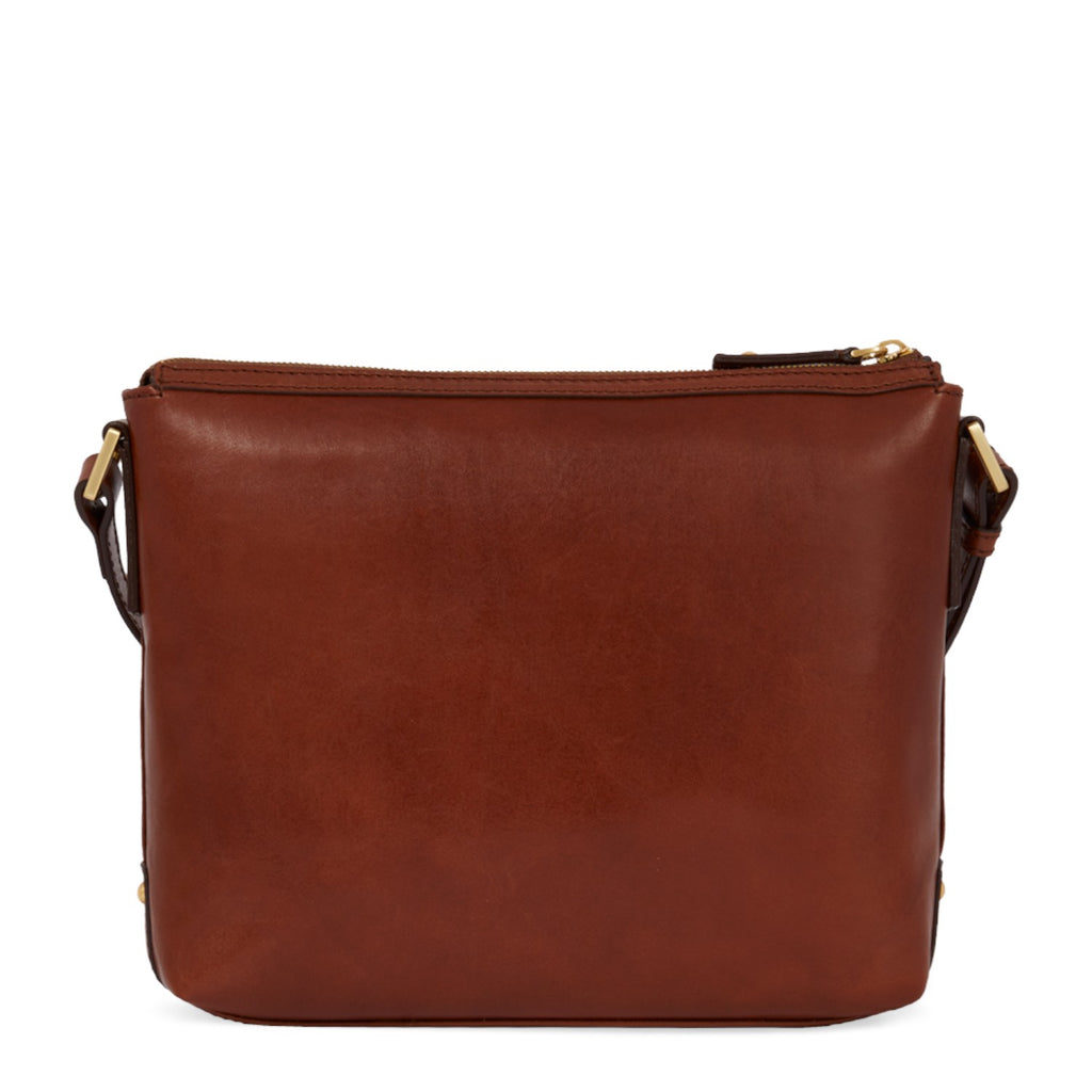 Lieblingstasche brown leather crossbody bag with zip closure and gold hardware.