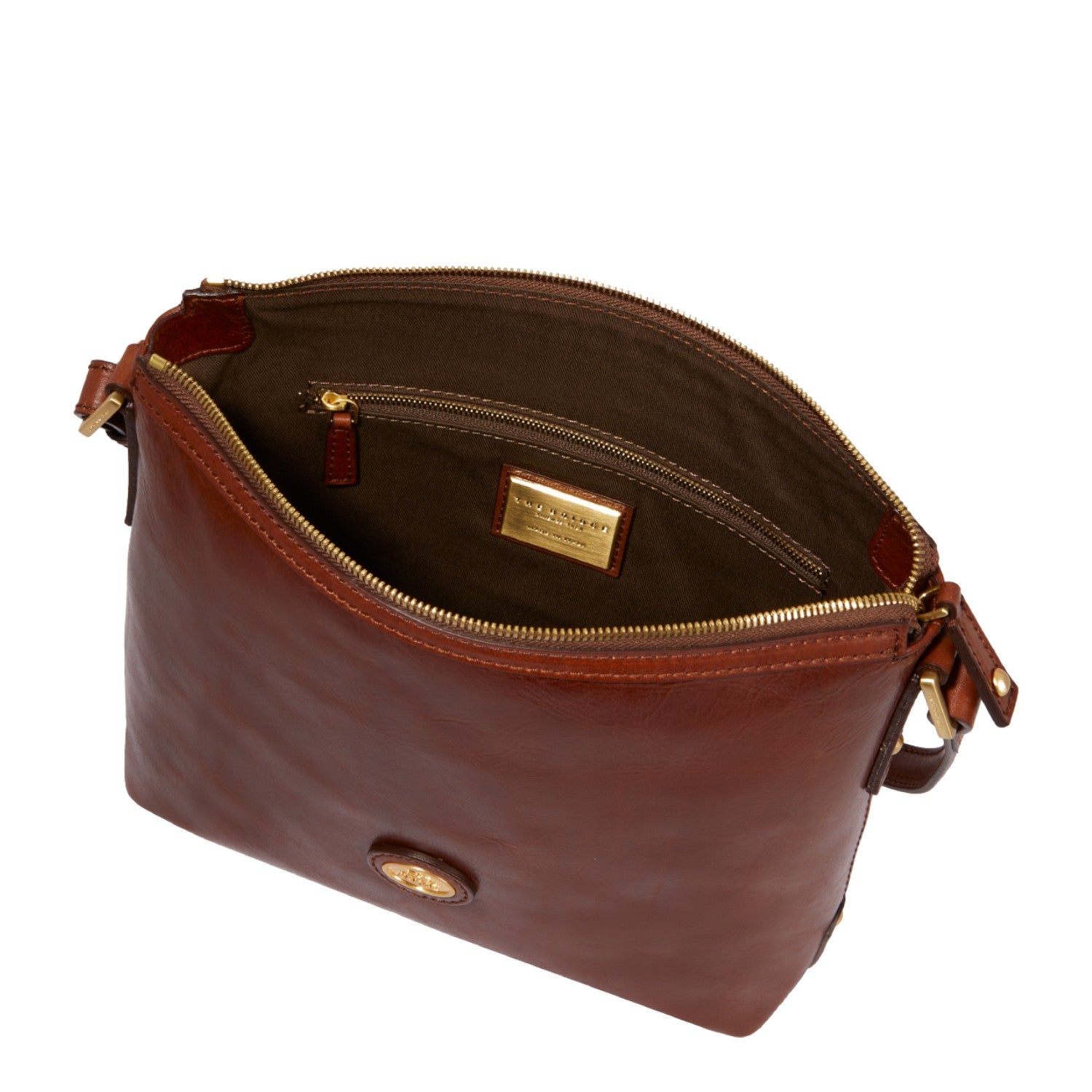 Lieblingstasche brown leather crossbody bag with zip closure and gold hardware. Interior features a zip pocket and brand plaque.