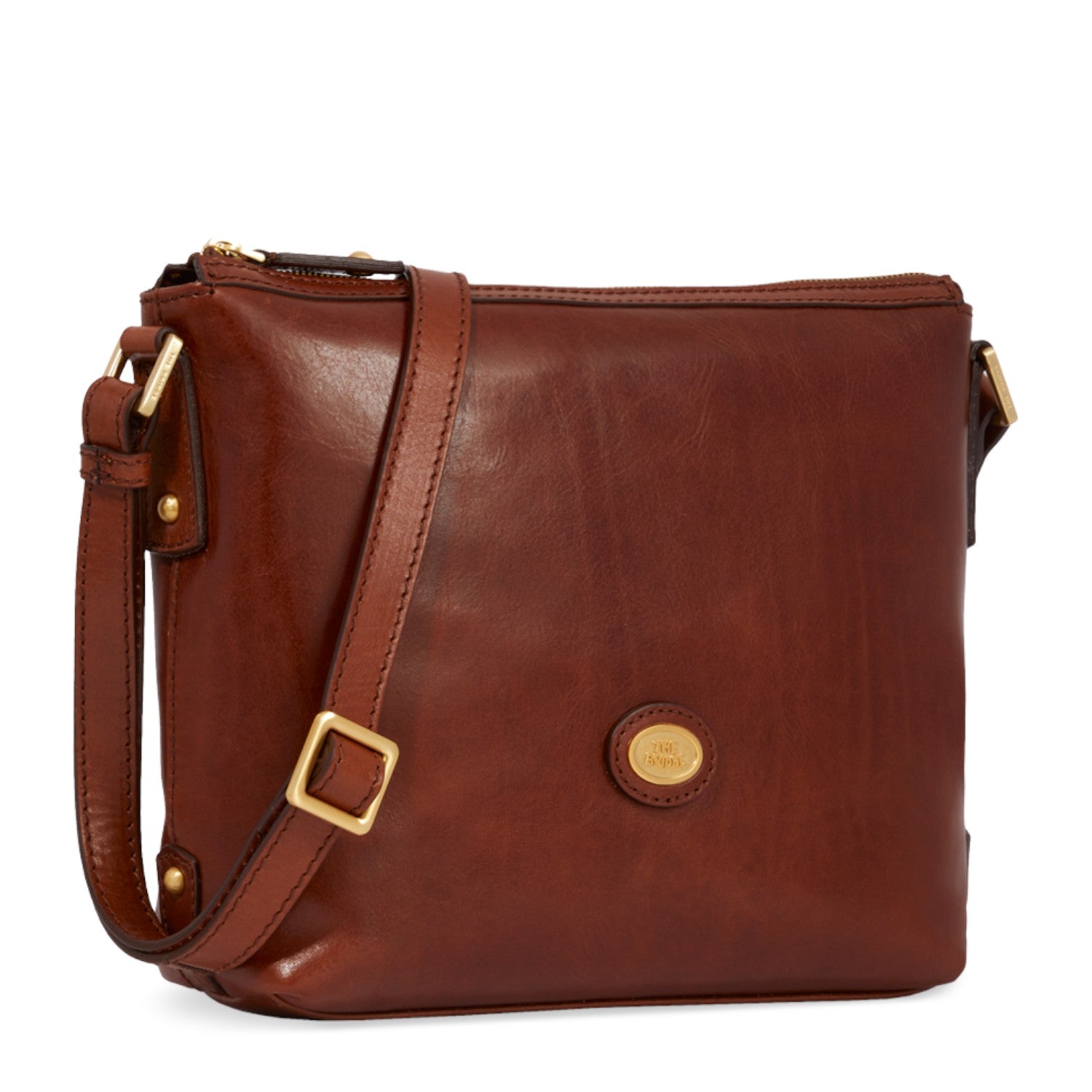 Lieblingstasche brown leather crossbody bag with adjustable strap and zip closure.