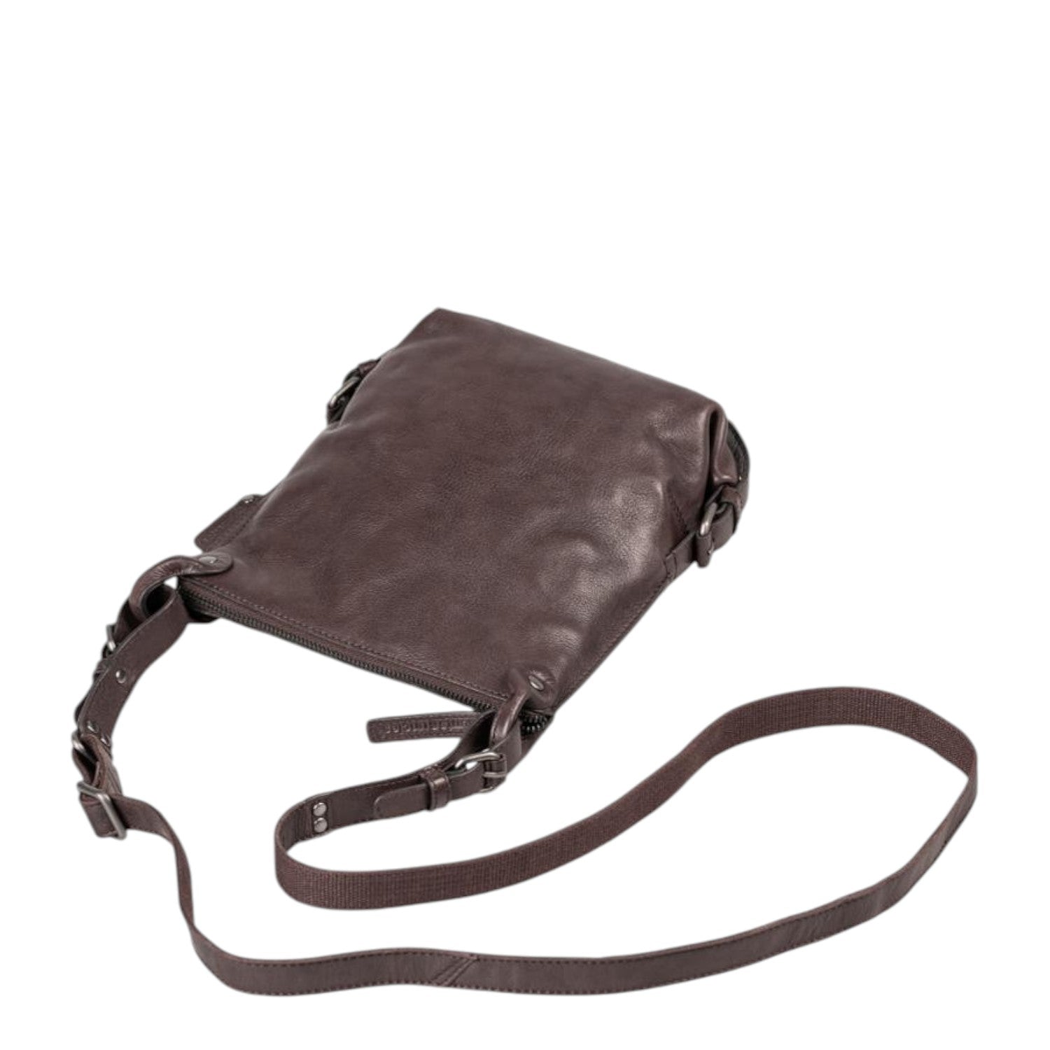 Lieblingstasche Mrs. Chocolate Cookie dark brown leather crossbody bag with adjustable strap on white background