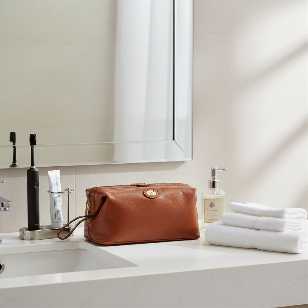 Lieblingstasche brown leather dopp kit with a zip closure and a small handle, featuring a gold logo emblem.