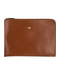 Lieblingstasche Alice M brown leather laptop sleeve with gold logo detail and zip closure