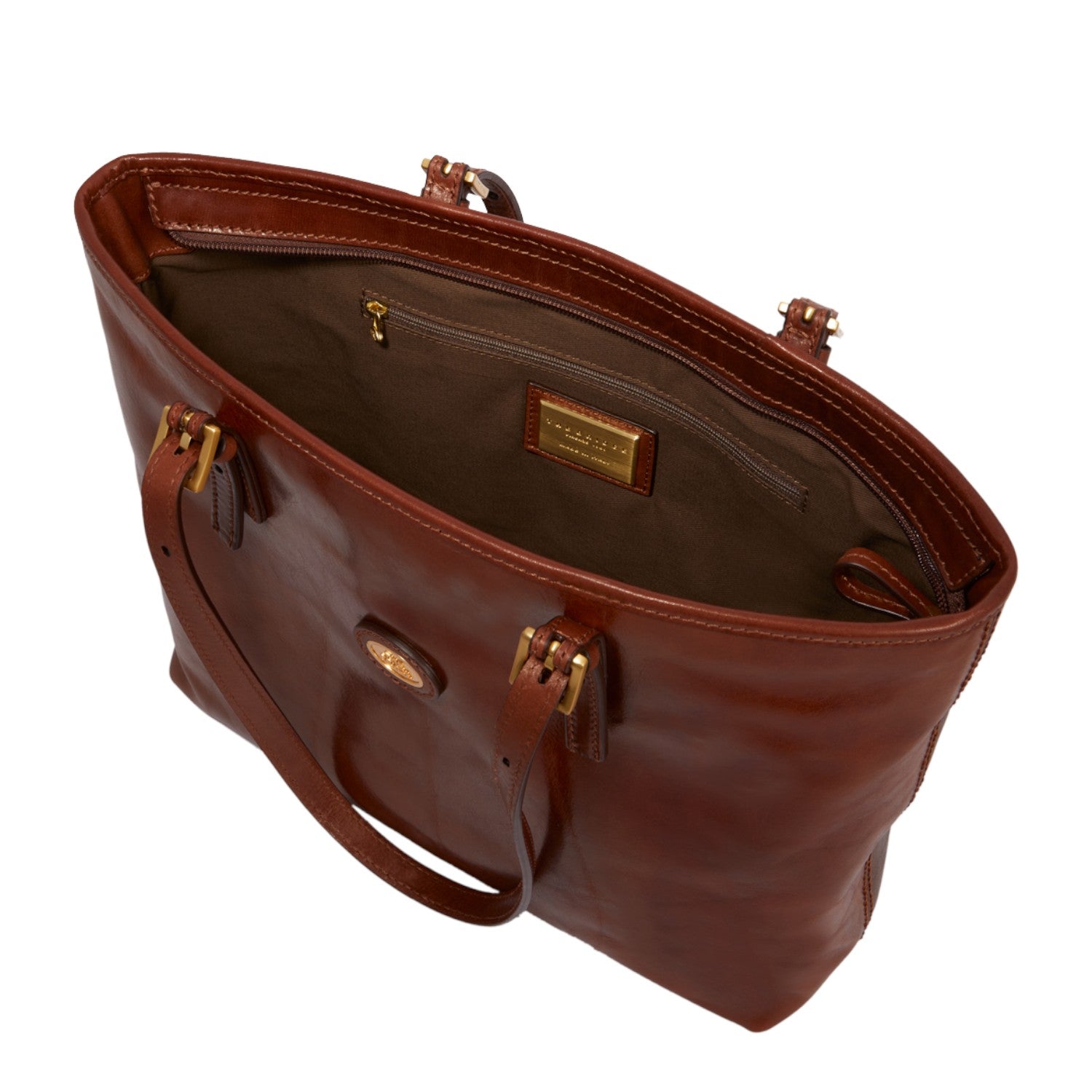 Lieblingstasche brown leather shopper bag with zip closure and gold hardware. Spacious interior with zip pocket.