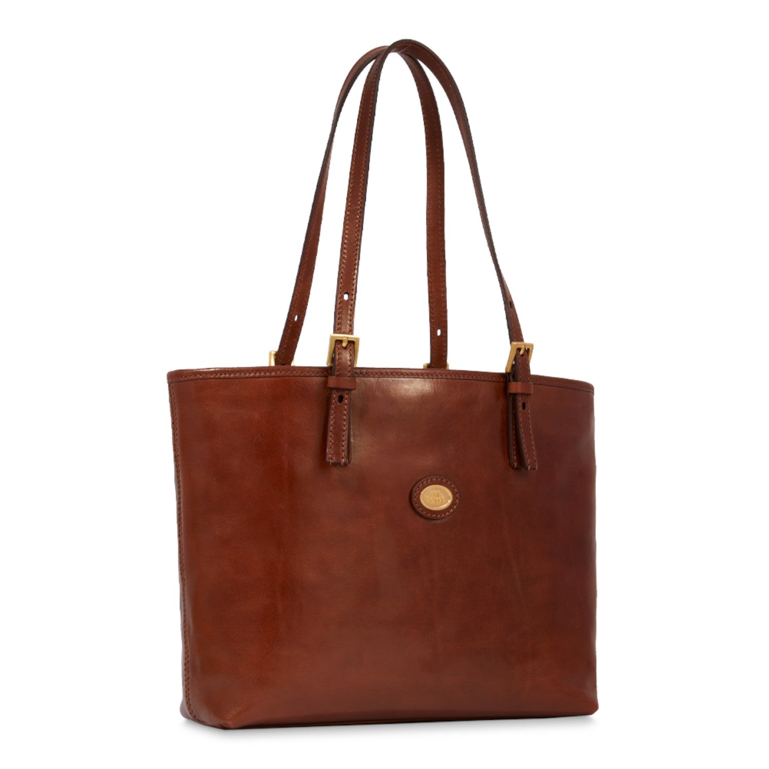 Lieblingstasche brown leather shopper bag with zip closure and gold hardware. Structured tote with double shoulder straps.
