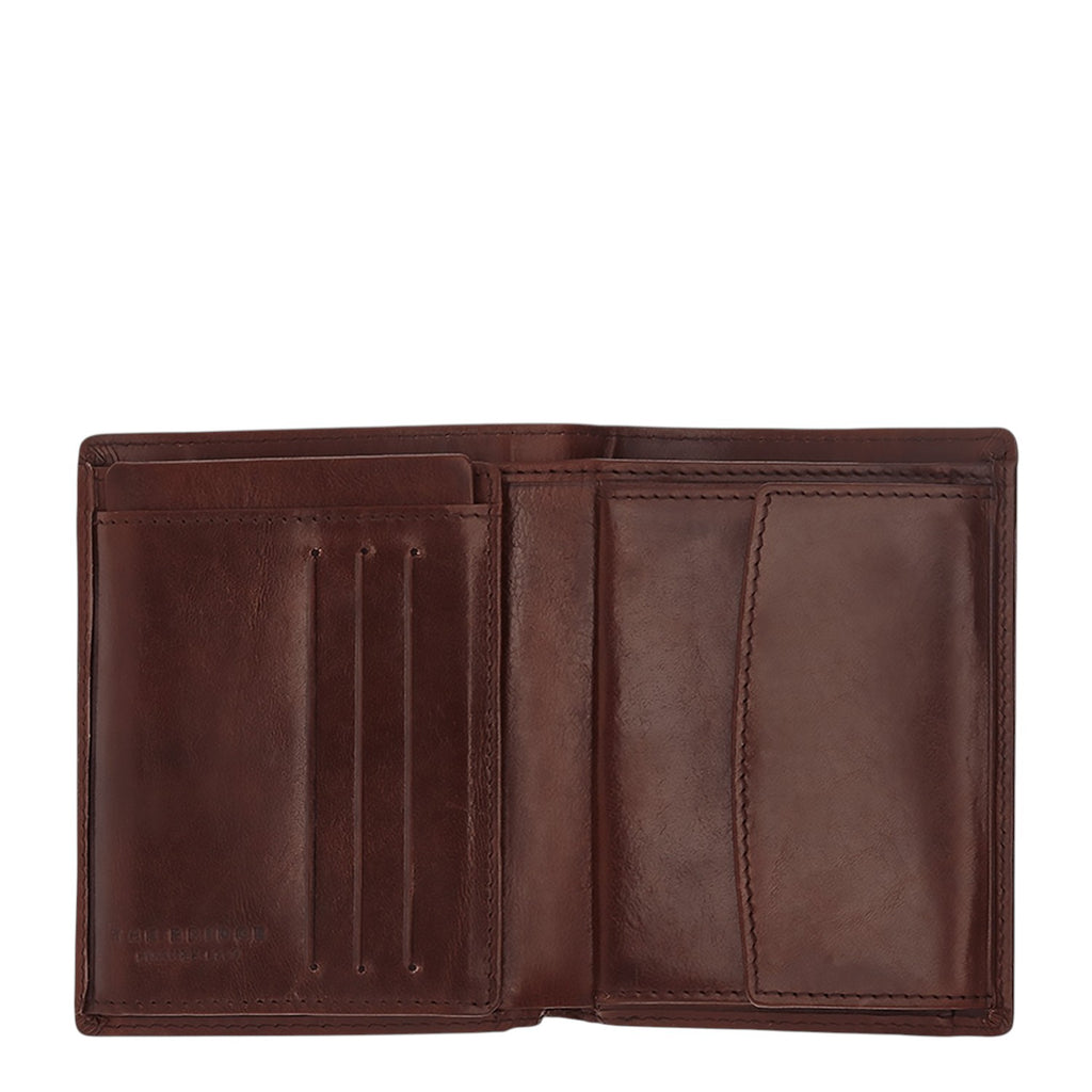 Lieblingstasche brown leather vertical tri-fold wallet with card slots and bill compartment.