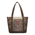 Lieblingstasche shoulder bag featuring a brown and beige patchwork pattern with a central house motif and zip pocket