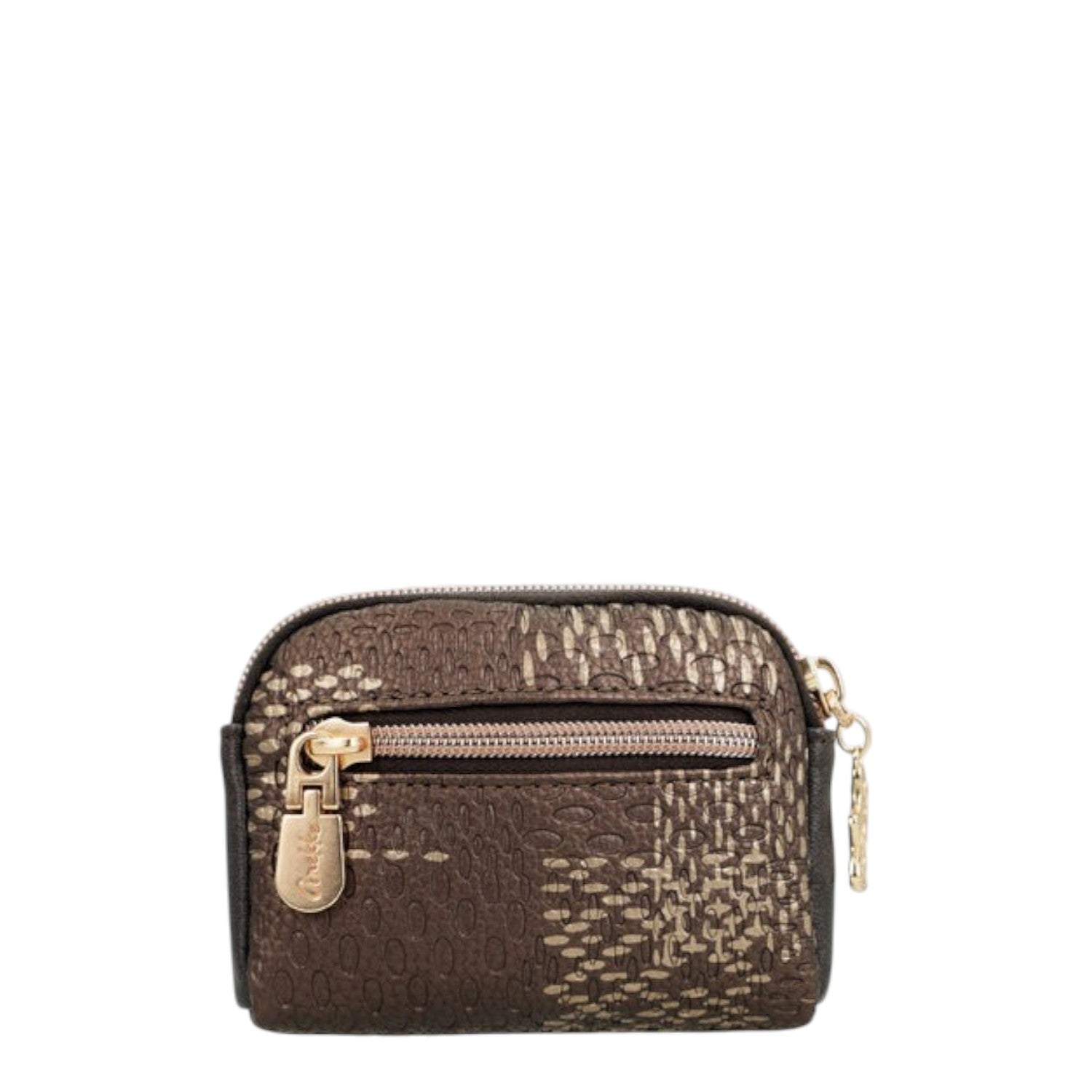 Lieblingstasche brown patterned small purse with gold zipper hardware and textured finish