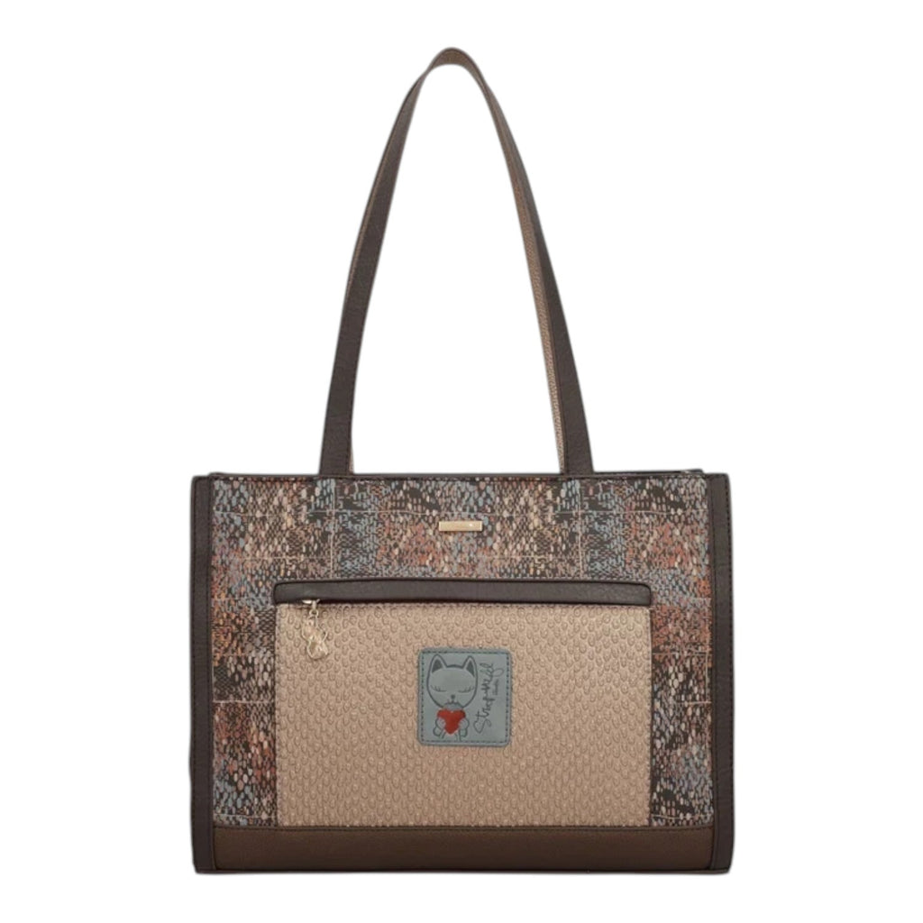 Lieblingstasche shoulder bag featuring a brown patterned exterior, front pocket, and a cute cat logo patch