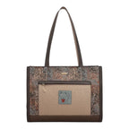 Lieblingstasche shoulder bag featuring a brown patterned exterior, front pocket, and a cute cat logo patch