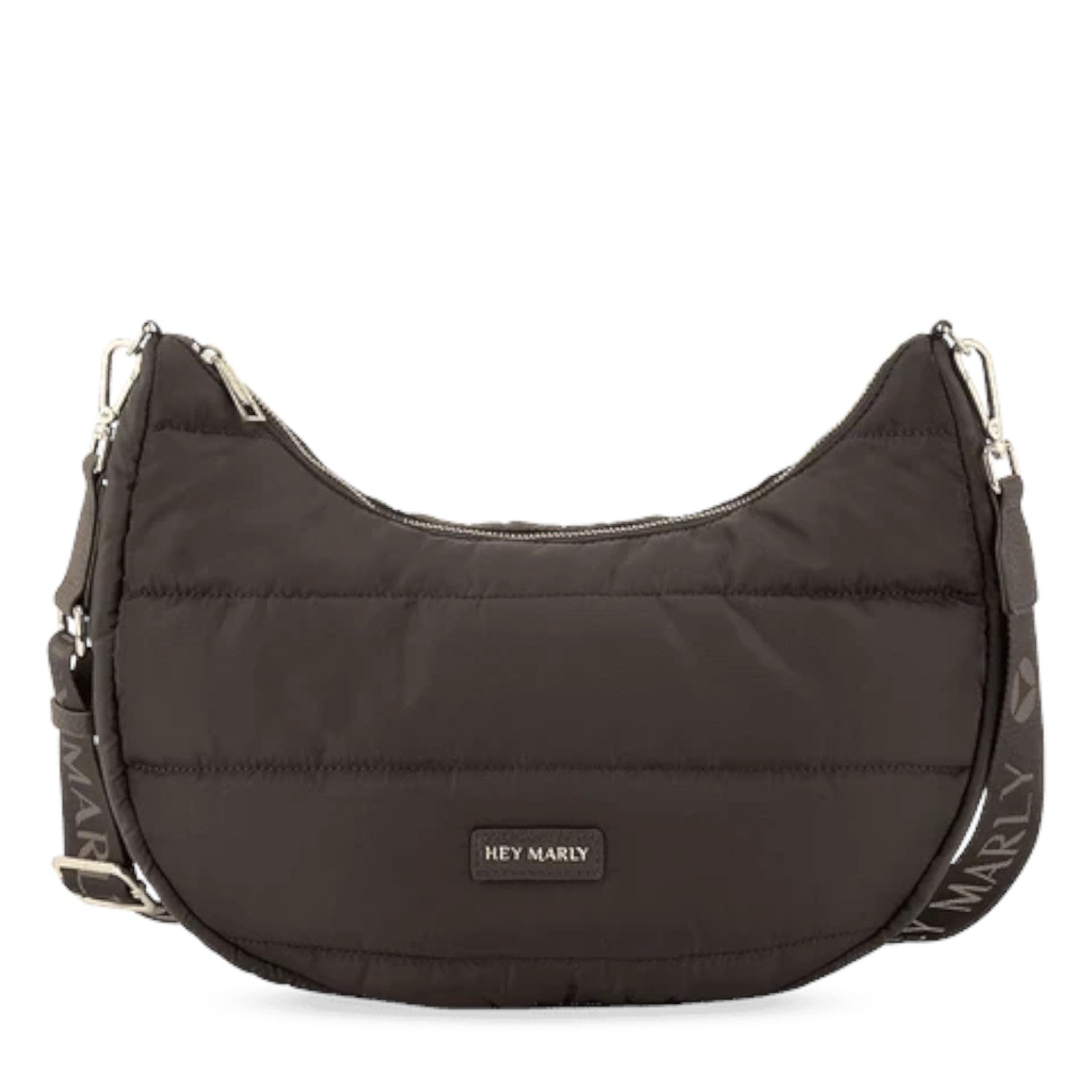 Lieblingstasche Lifetime Buddy M dark brown quilted nylon hobo bag with branded shoulder strap and silver hardware