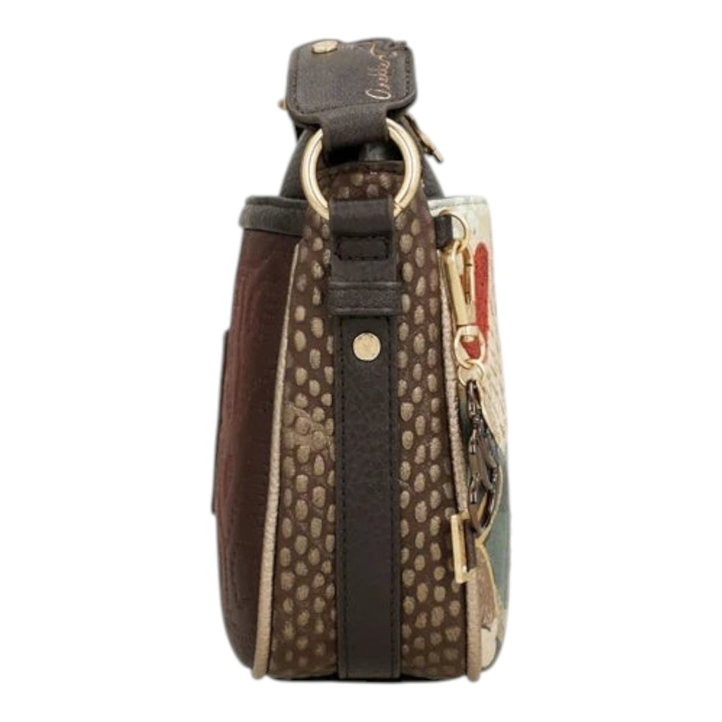 Lieblingstasche cross-body bag featuring a side view with brown textured leather and gold-tone hardware details.