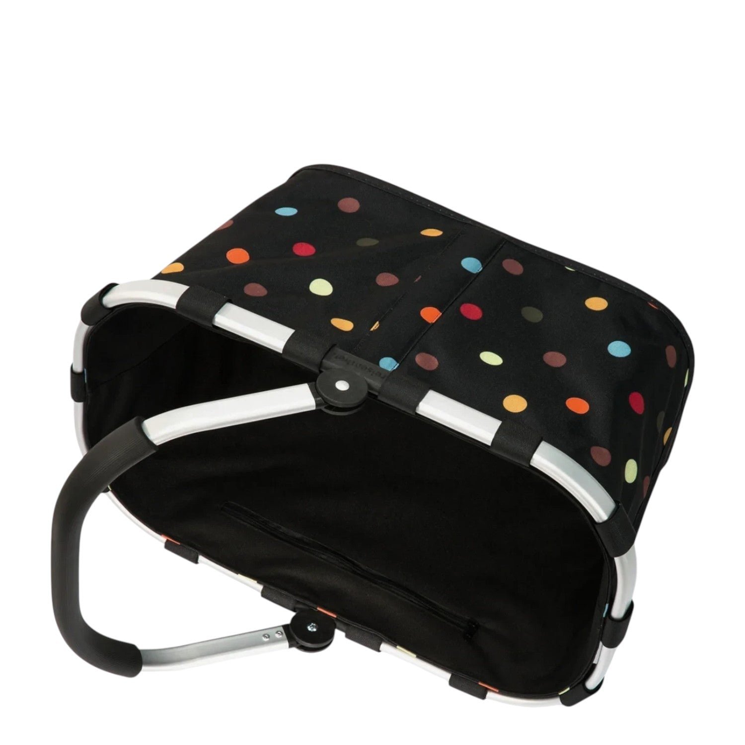 Lieblingstasche Carrybag in black with a colourful polka dot pattern and a sturdy silver aluminium frame.