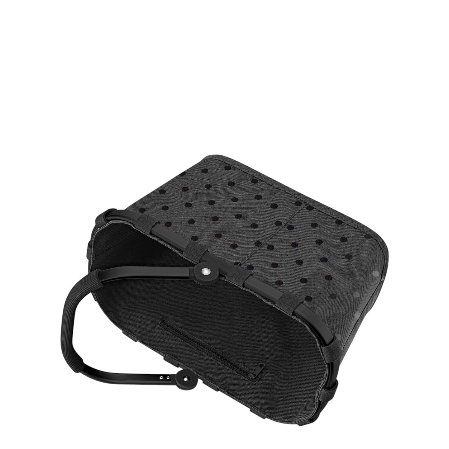 Lieblingstasche Carrybag XS in black with a subtle polka dot pattern and a sturdy black folding handle.