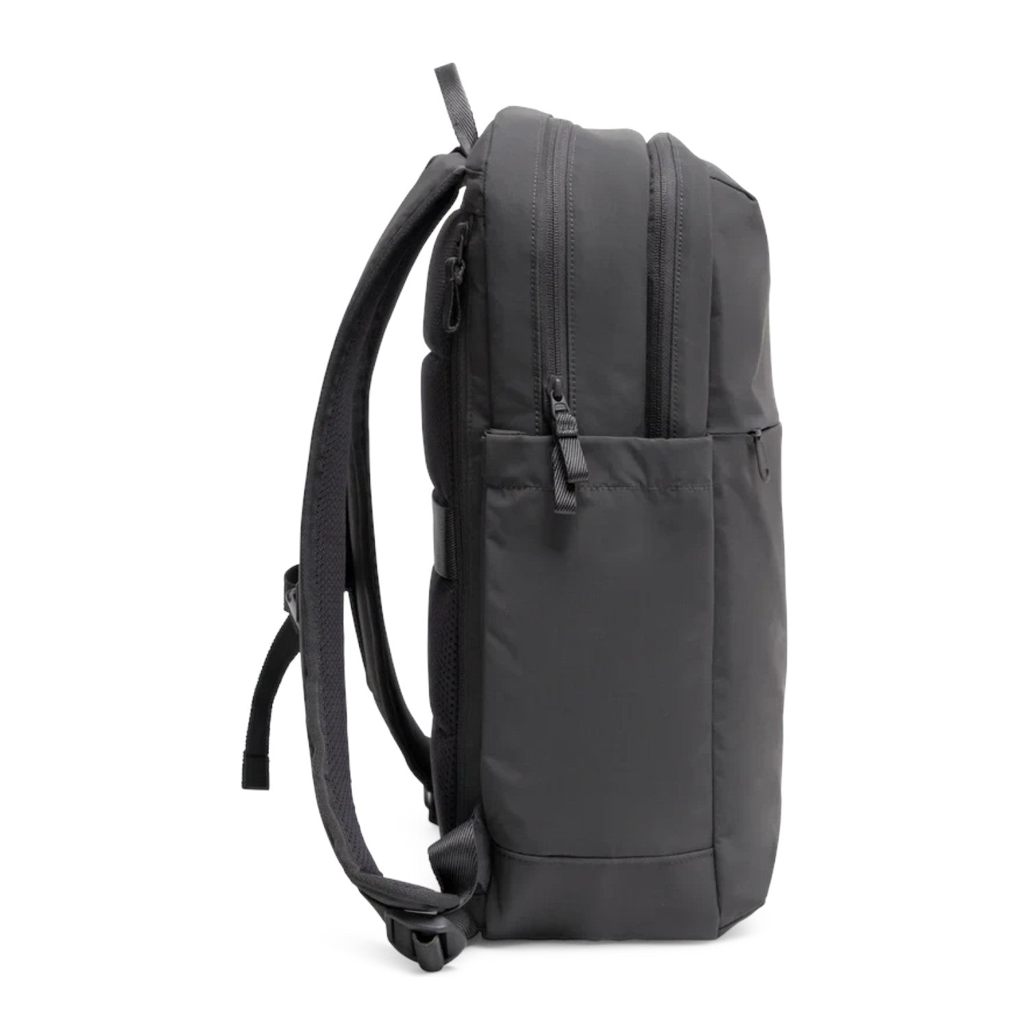 Lieblingstasche Commuter Pack in black, side view of a minimalist water-resistant laptop backpack with zip pockets.