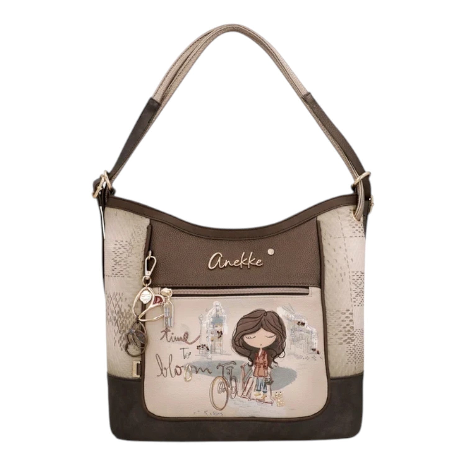 Lieblingstasche convertible backpack in brown and beige with Anekke illustration, front zip pocket, and charm detail.