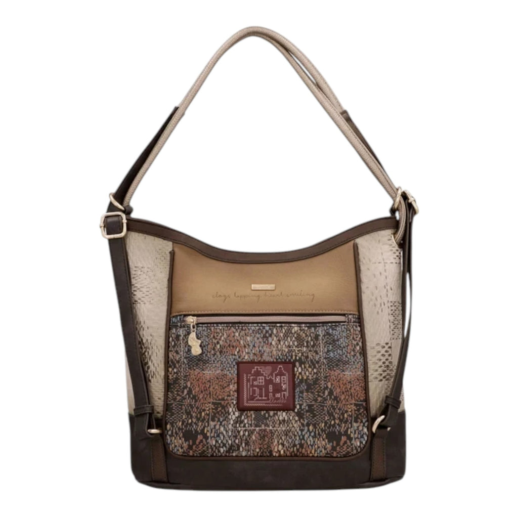 Lieblingstasche convertible backpack in brown and beige with a patterned front pocket and gold-toned hardware.