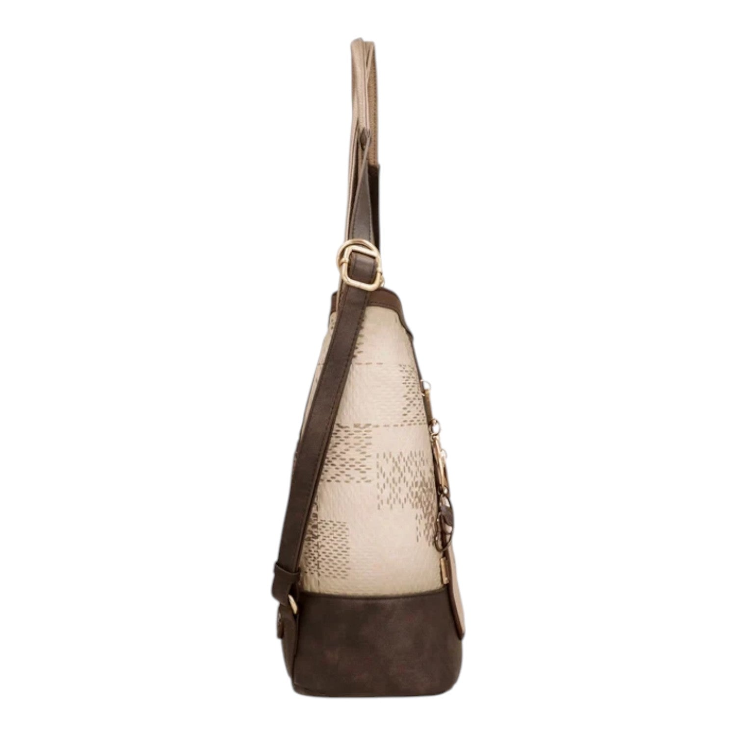 Lieblingstasche convertible backpack in beige and brown with a geometric pattern and gold hardware, side view.
