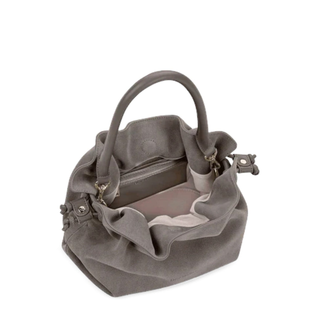 Lieblingstasche Cool Companion Suede S grey suede handbag with a soft gathered design and top handle