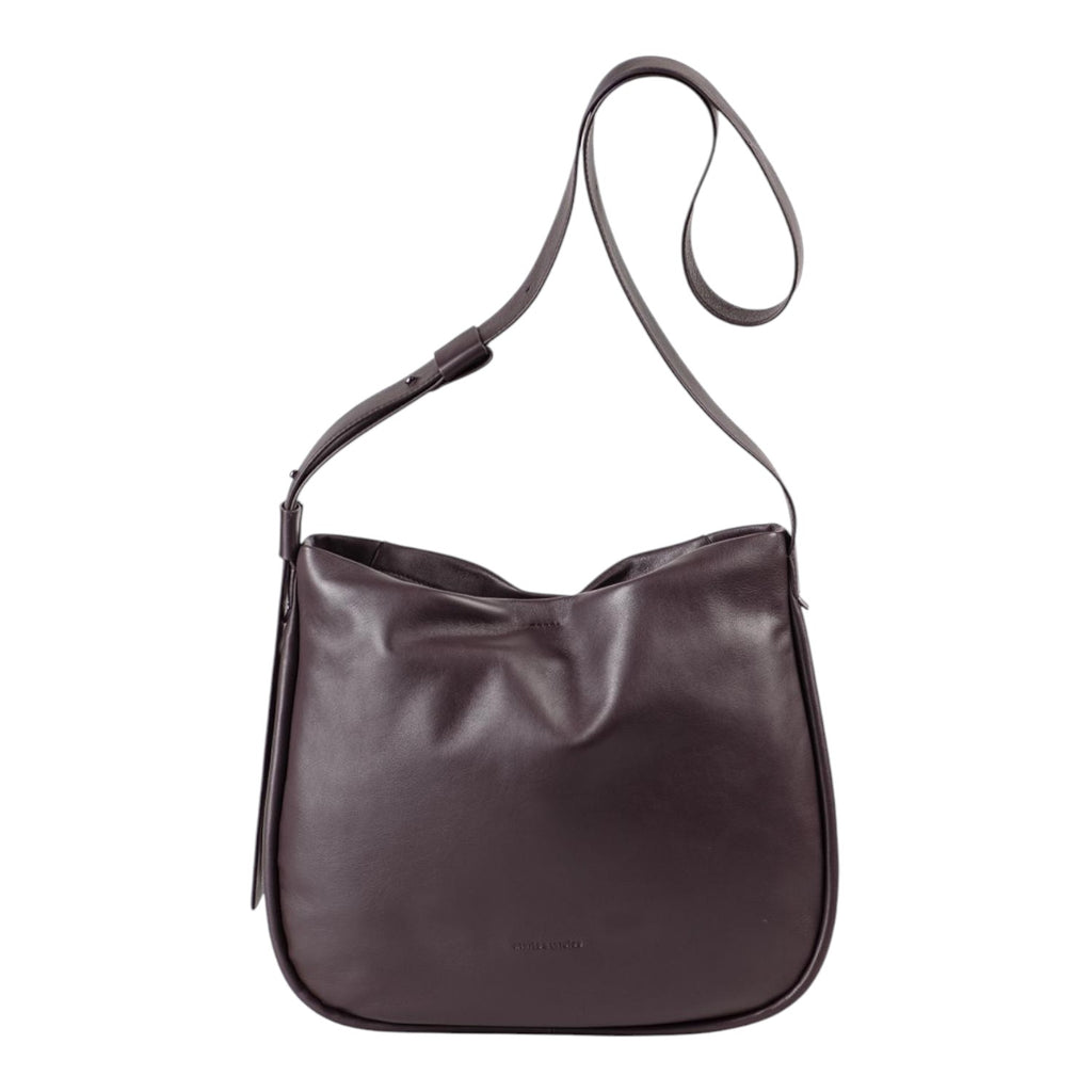 Lieblingstasche Coral dark brown leather hobo shoulder bag with adjustable strap on a white background