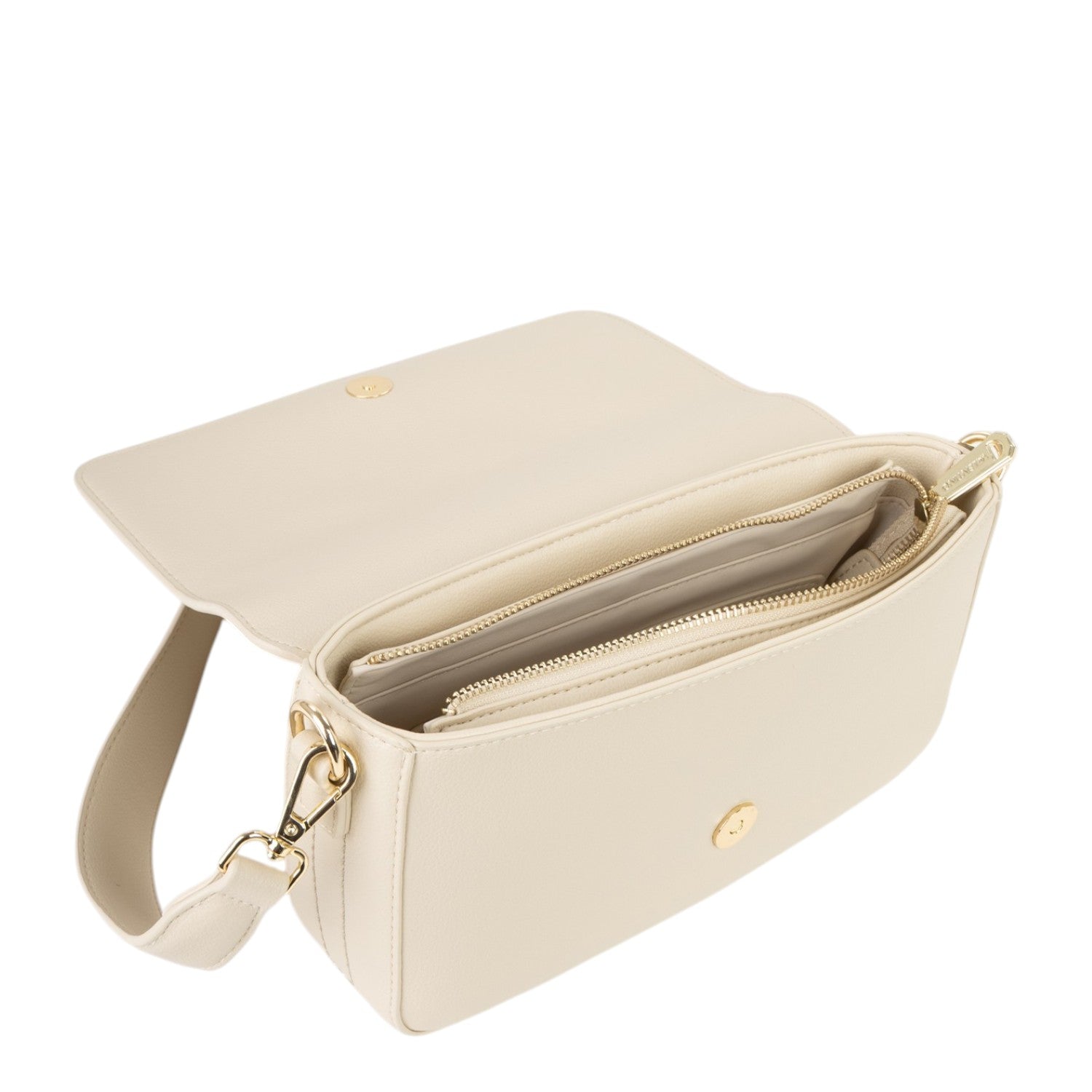 Lieblingstasche Aury Re flap bag in cream faux leather with gold hardware and multiple compartments.