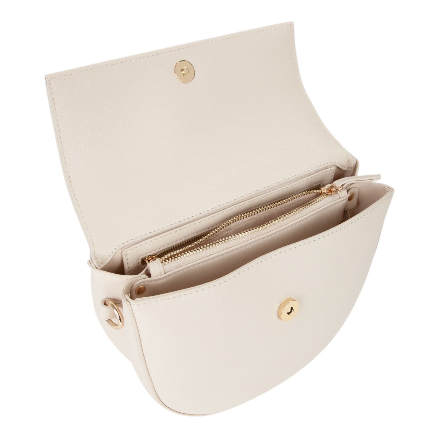 Lieblingstasche cream flap bag with gold hardware and multiple zippered compartments.