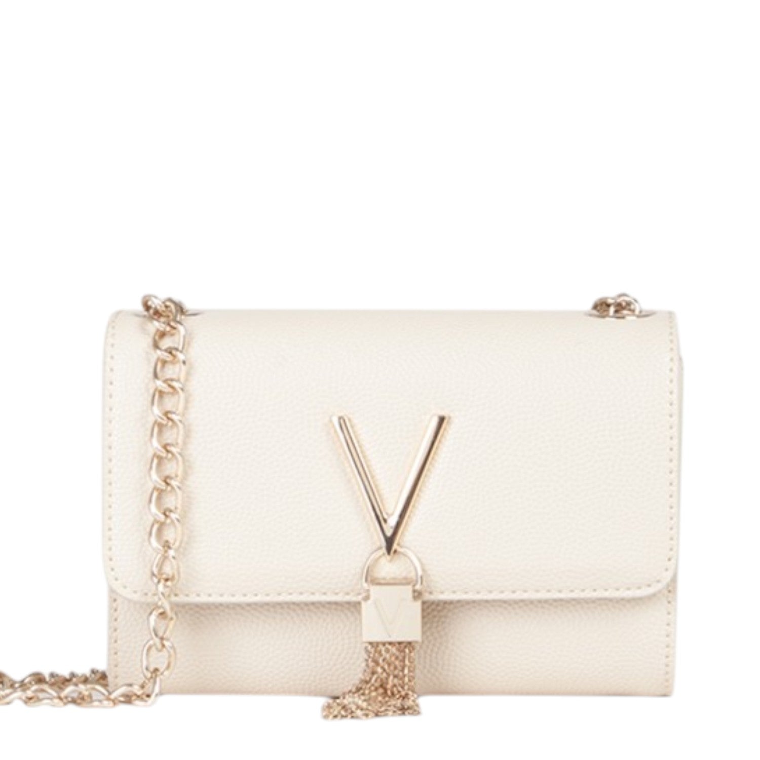 Lieblingstasche cream textured leather Pochette Divina crossbody bag with gold chain strap and tassel detail.