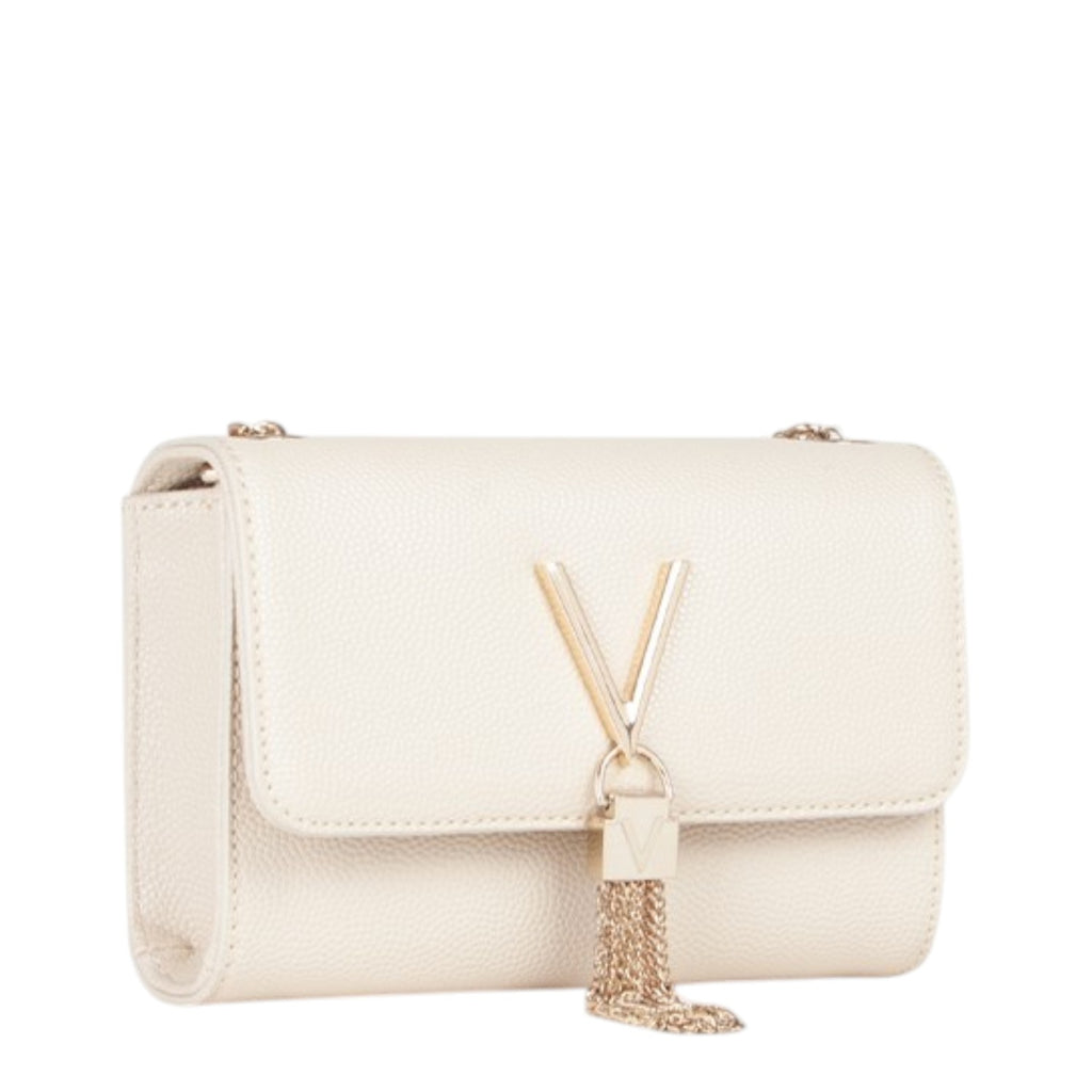 Lieblingstasche cream textured leather crossbody bag with gold V logo and tassel detail.