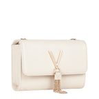 Lieblingstasche cream textured leather crossbody bag with gold V logo and tassel detail.