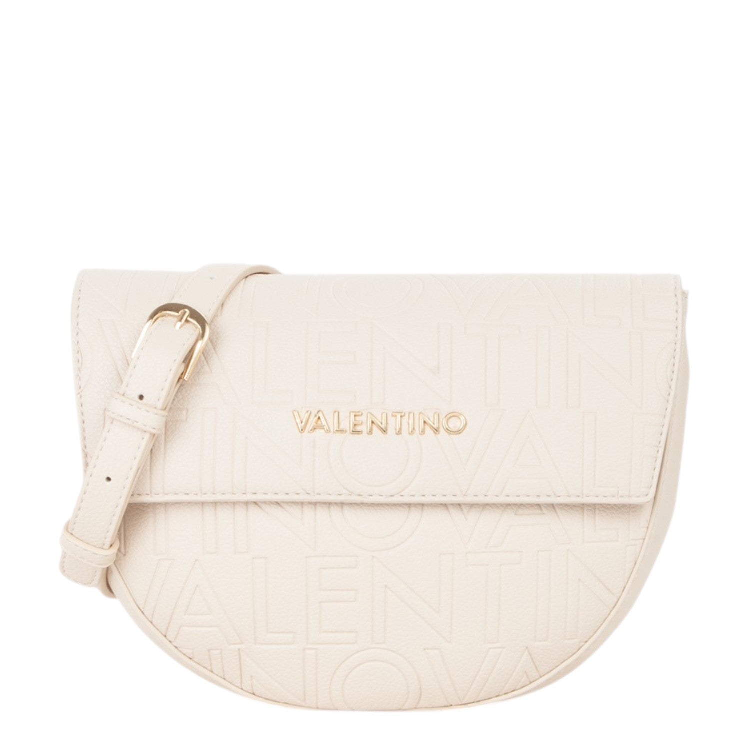 Lieblingstasche Flap Bag Pansy, cream leather crossbody bag with embossed logo and gold buckle detail.