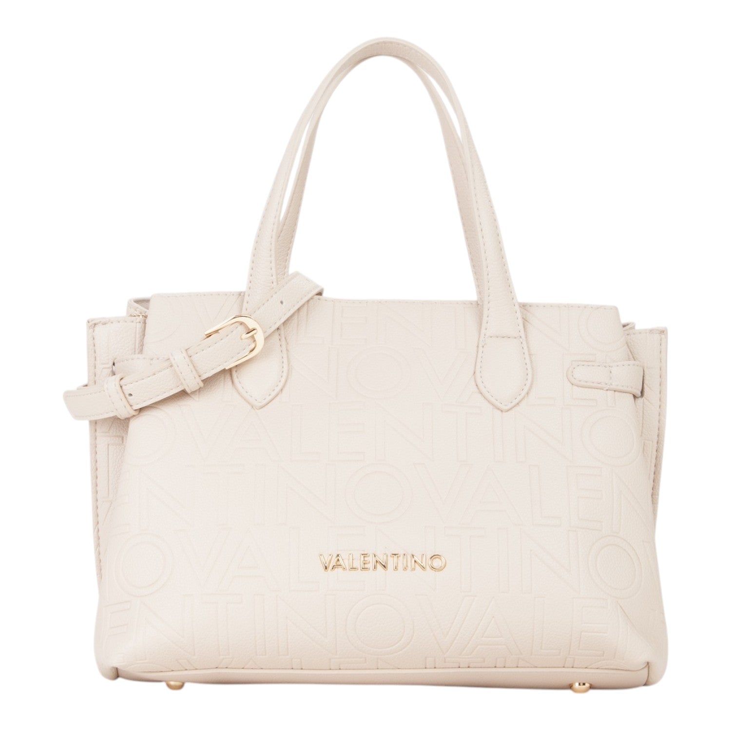 Lieblingstasche cream leather tote bag with embossed logo and gold hardware. Structured design with top handles and buckle detail.