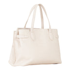 Lieblingstasche cream leather tote bag with embossed logo pattern and top handles.