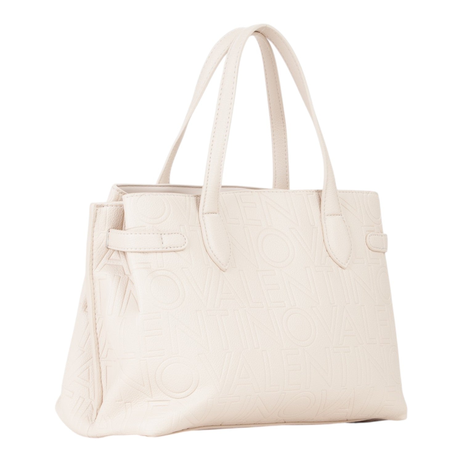 Lieblingstasche cream leather tote bag with embossed logo pattern and top handles.
