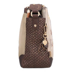 Lieblingstasche cross-body bag in beige and brown with textured side panels and decorative heart-shaped charms.
