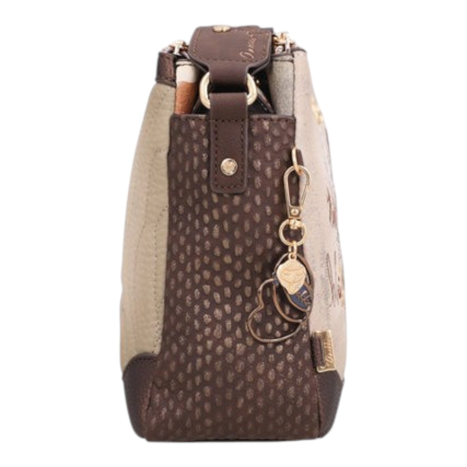 Lieblingstasche cross-body bag in beige and brown with textured side panels and decorative heart-shaped charms.