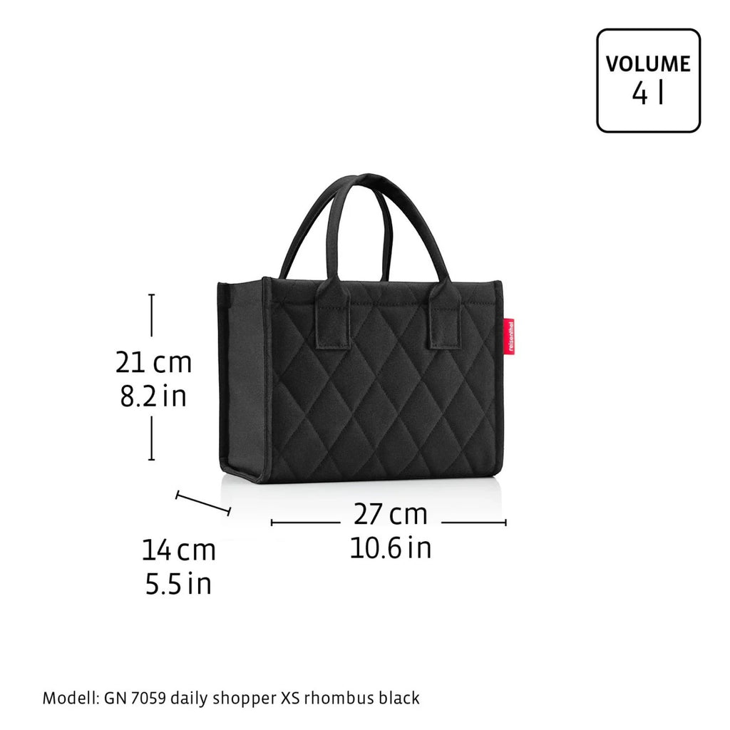 Lieblingstasche Daily Shopper XS in black with a quilted rhombus pattern and dimensions shown on a white background.