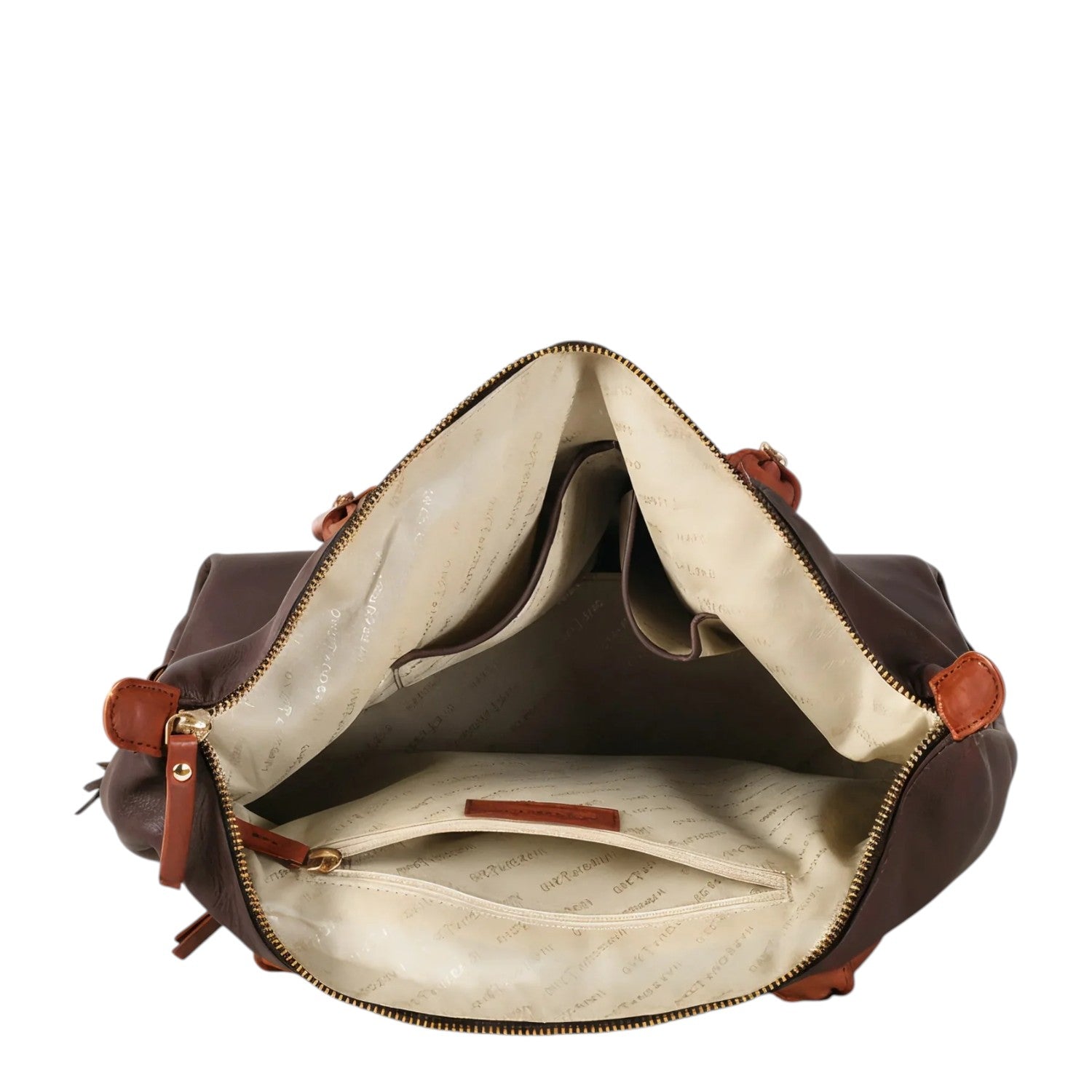 Lieblingstasche Lucia L dark brown leather tote bag with tan accents, open to show interior pockets and lining.