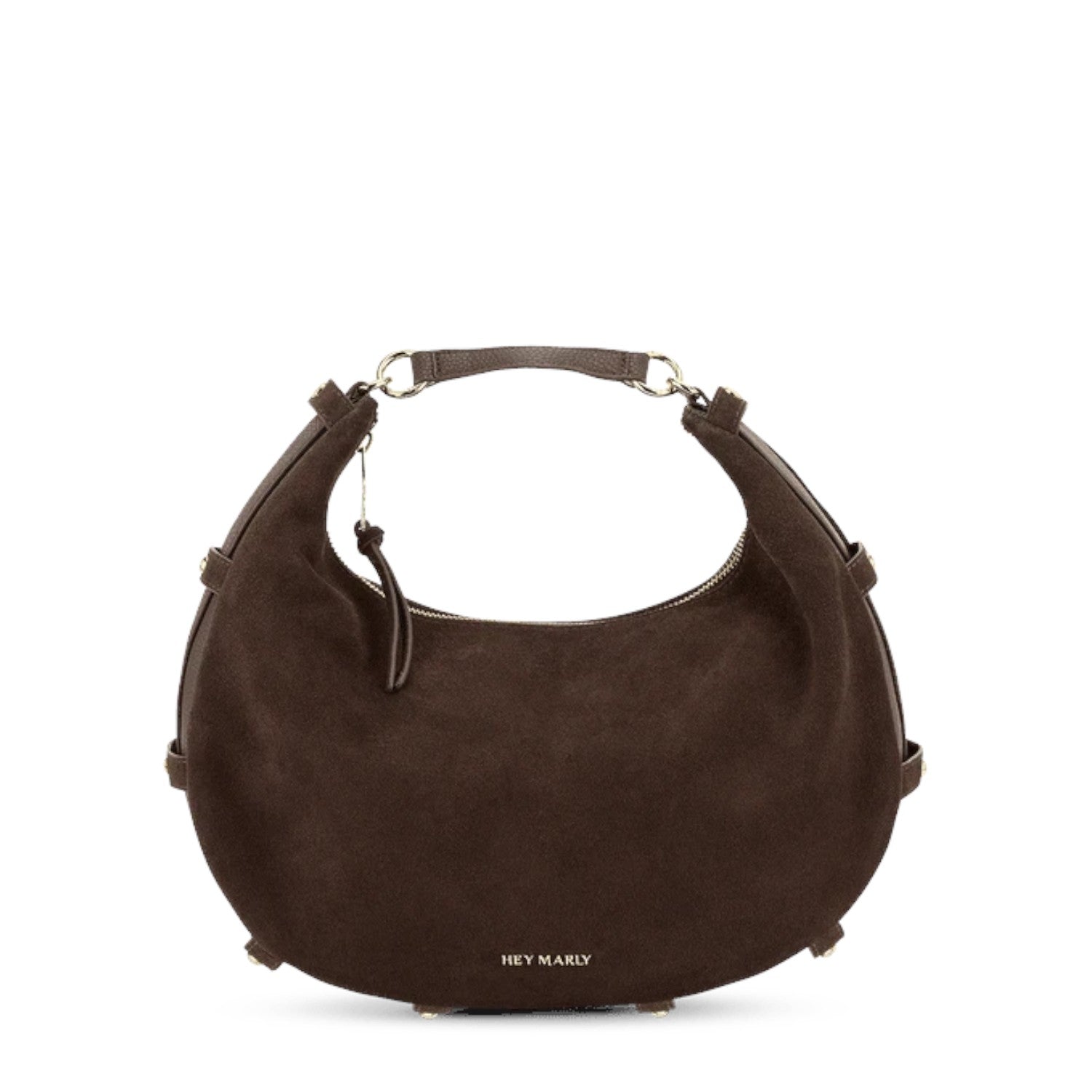 Lieblingstasche Lifetime Sister Suede M dark brown crescent-shaped suede handbag with gold-tone hardware