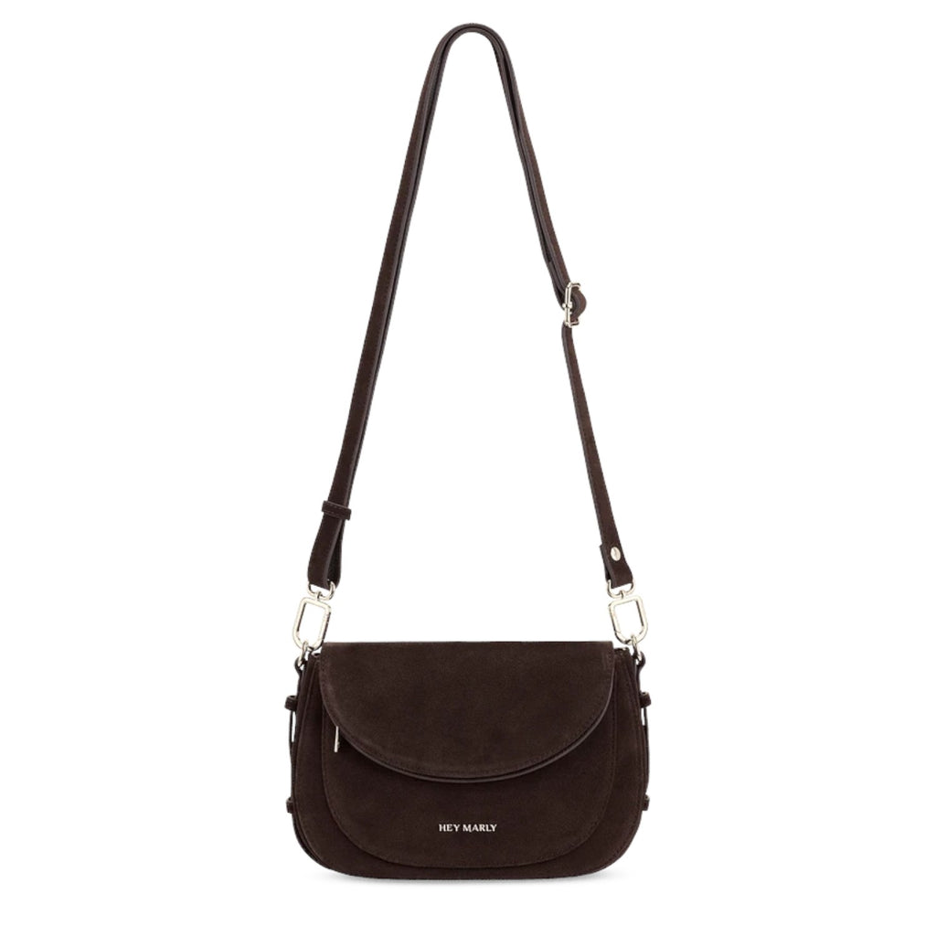 Lieblingstasche Big Sister Suede dark brown crossbody bag with a flap closure and adjustable shoulder strap.