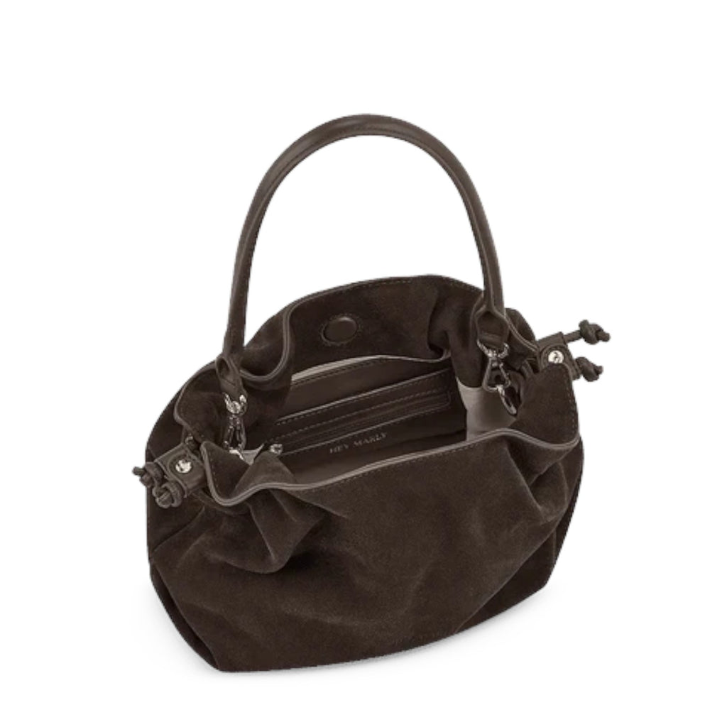 Lieblingstasche Cool Companion Suede S dark brown suede handbag with a drawstring closure and top handle