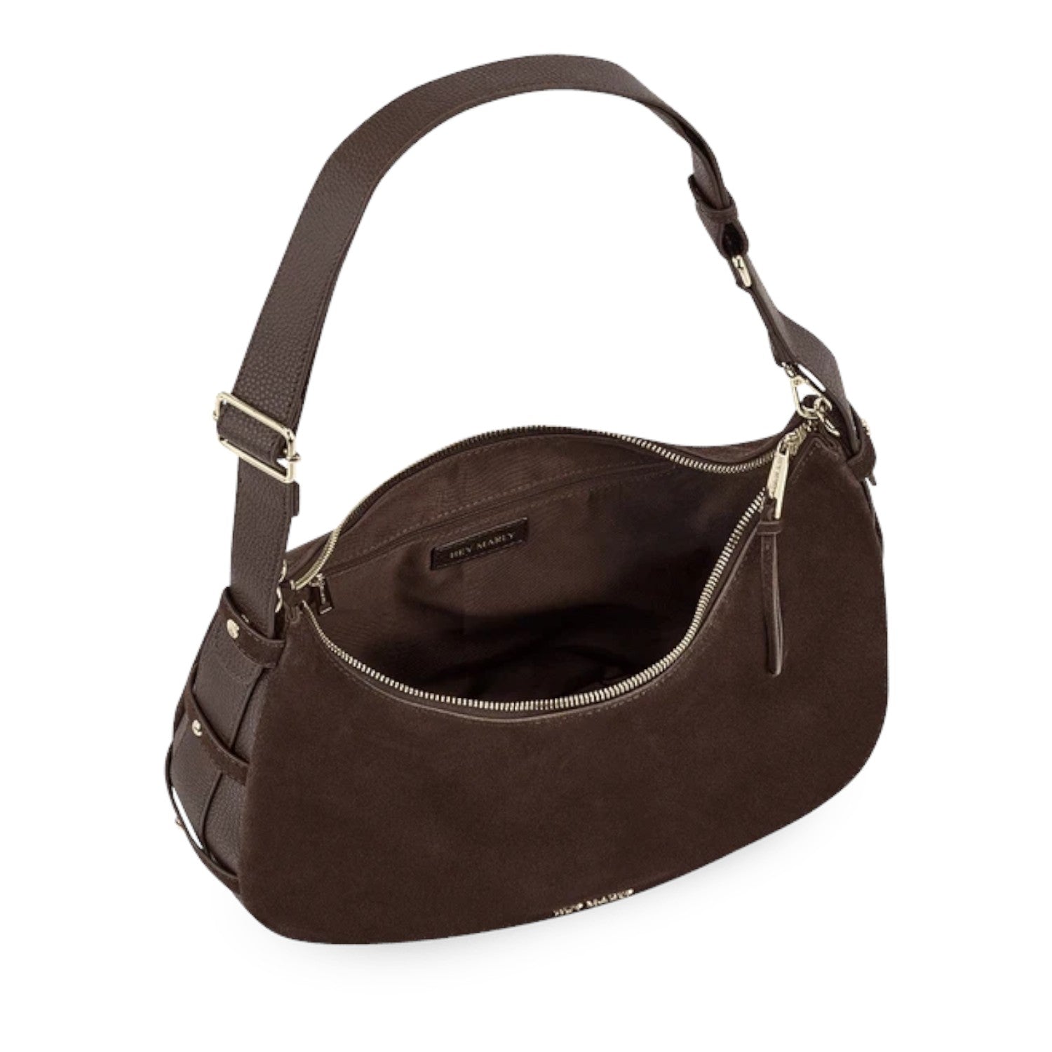 Lieblingstasche Lifetime Sister Suede M dark brown suede shoulder bag with gold hardware and adjustable strap