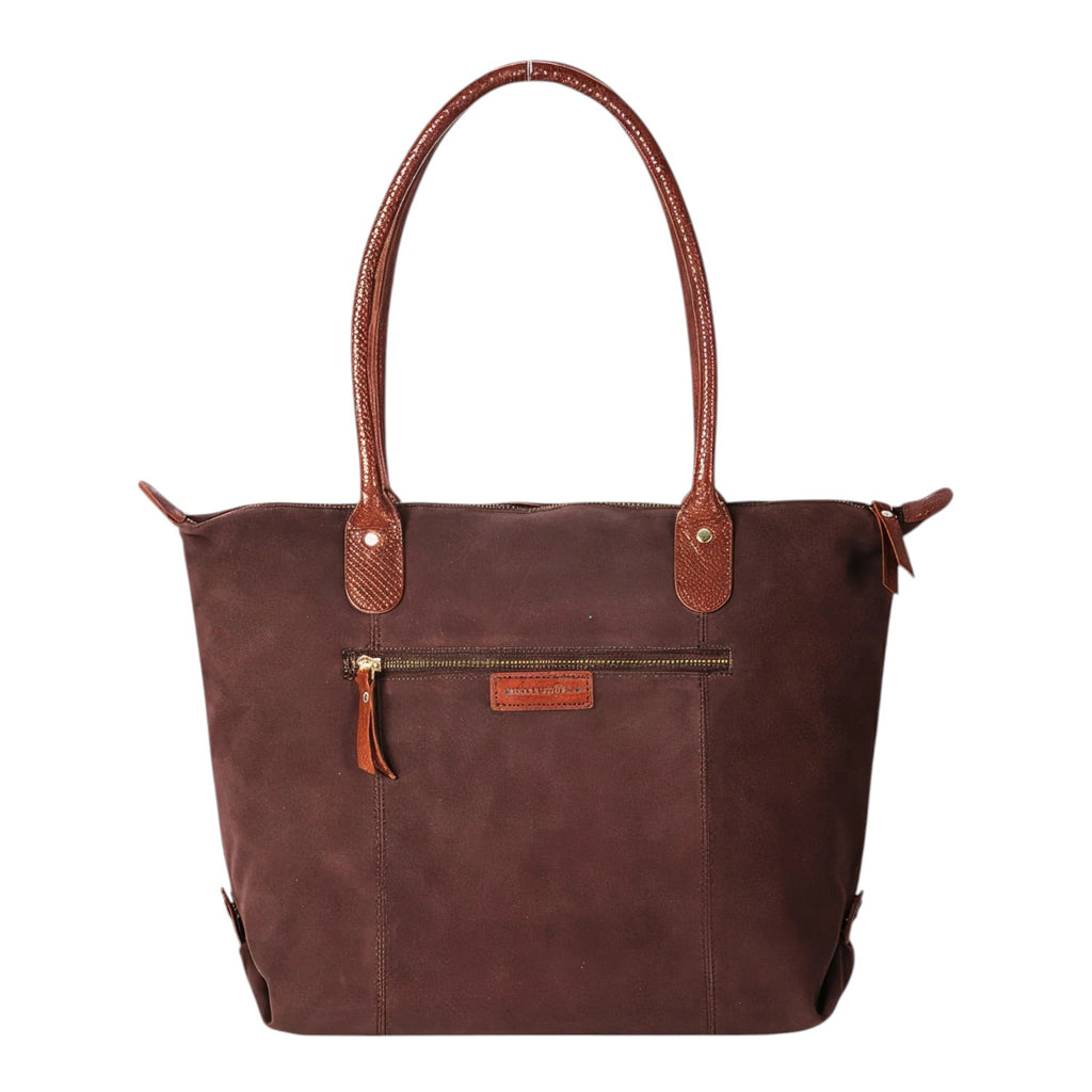 Lieblingstasche Sofia L dark brown suede tote bag with textured handles and a zippered front pocket.