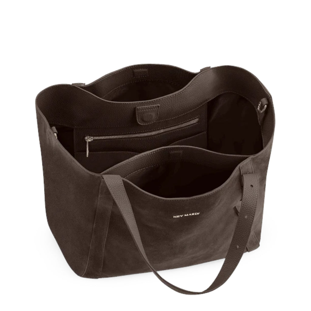 Lieblingstasche Pretty Wonder Suede dark brown leather tote bag with open interior and zippered pocket
