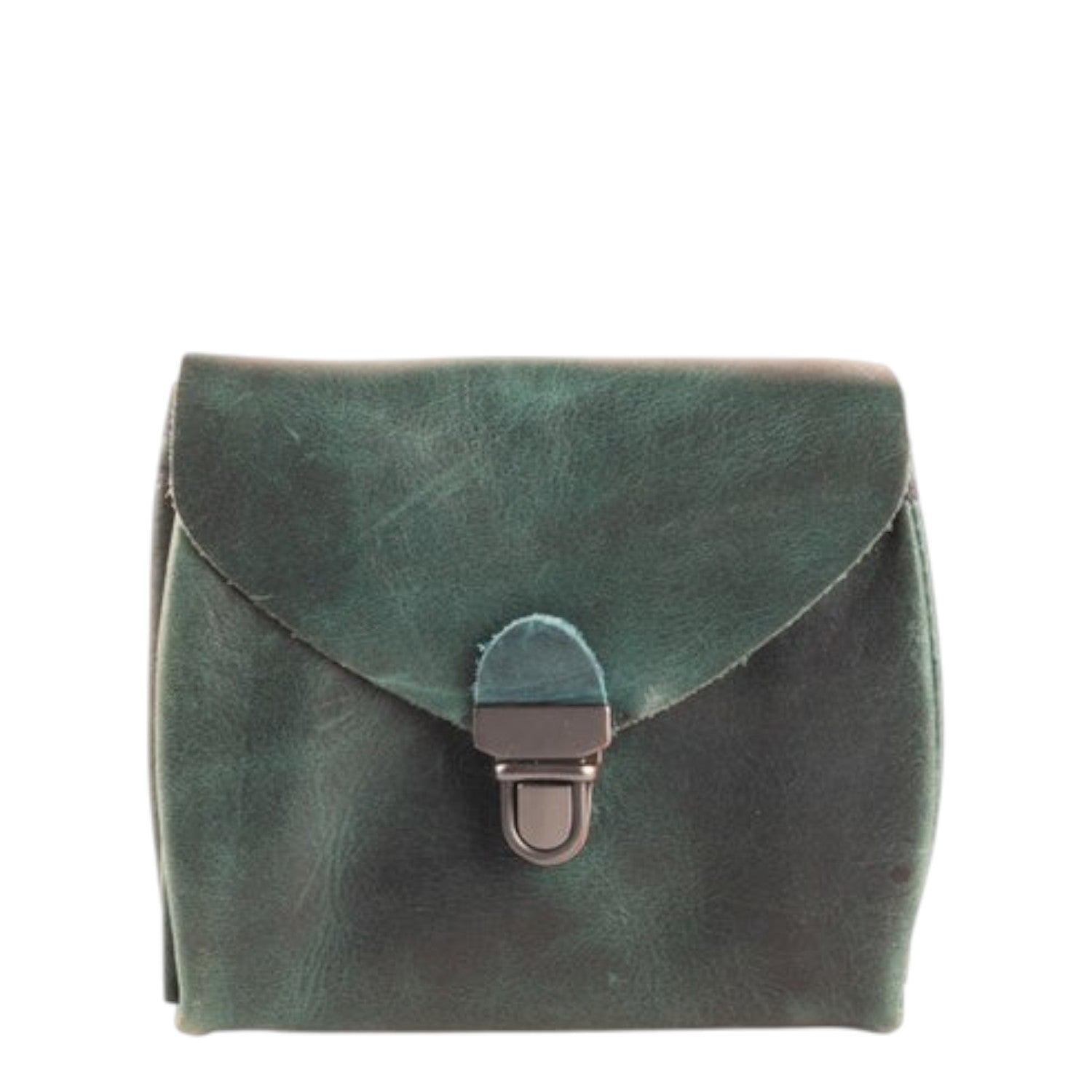 Lieblingstasche Fold Wallet S, dark green distressed leather wallet with a metal clasp closure.