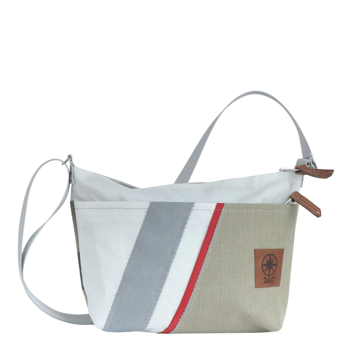 Lieblingstasche Deern Lütt crossbody bag made from recycled sailcloth in white, grey, and beige with red accents.