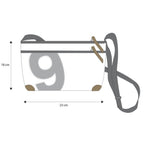 Lieblingstasche Deern Lütt white crossbody bag with grey number 9 print, adjustable strap, and brown corner accents.