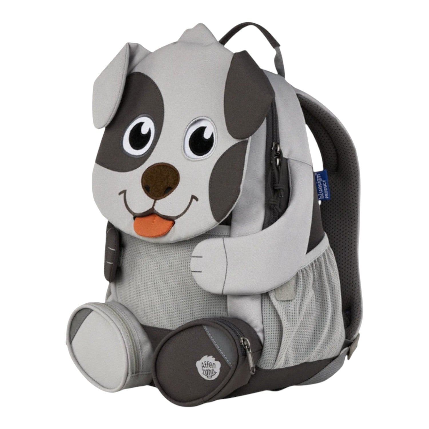 Lieblingstasche grey and dark grey dog-shaped backpack with embroidered eyes and orange tongue detail.